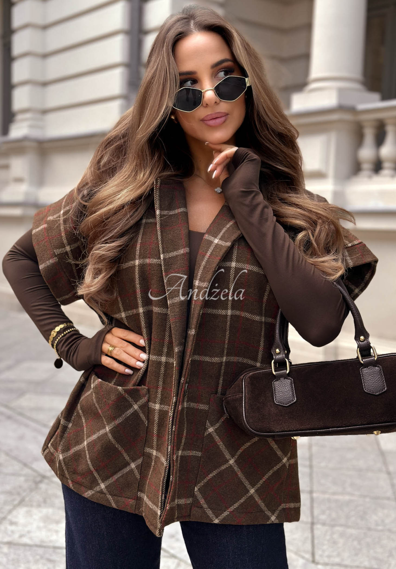 Oversize-Weste mit kariertem Muster und Wollanteil Calm Spirit Schokoladenbraun