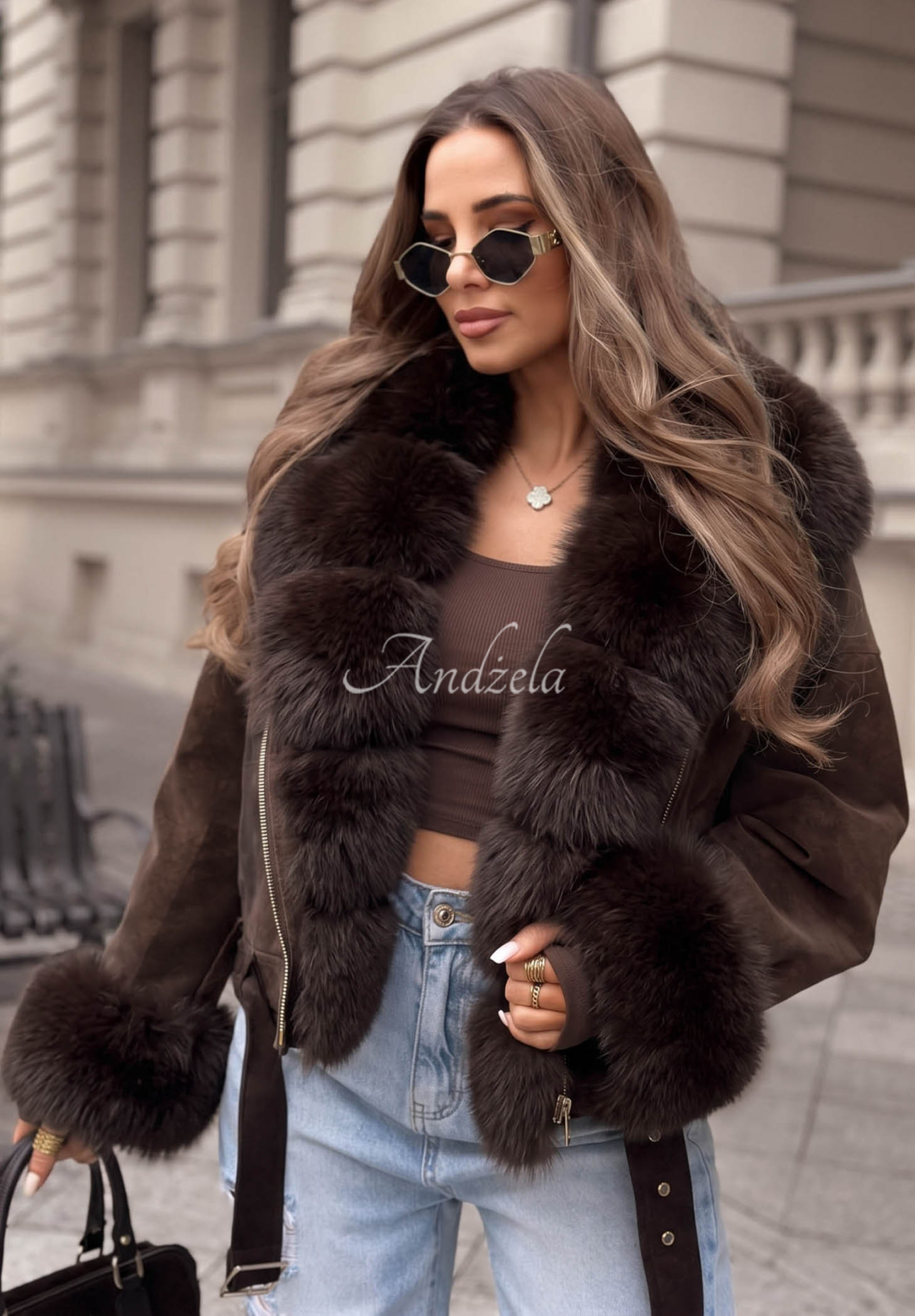Kurze Jacke mit Fellimitat Golden Season Schokoladenbraun