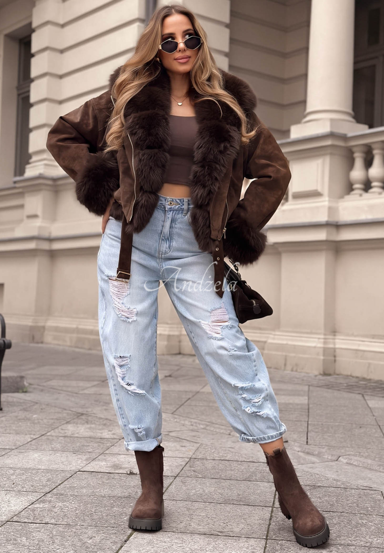 Kurze Jacke mit Fellimitat Golden Season Schokoladenbraun