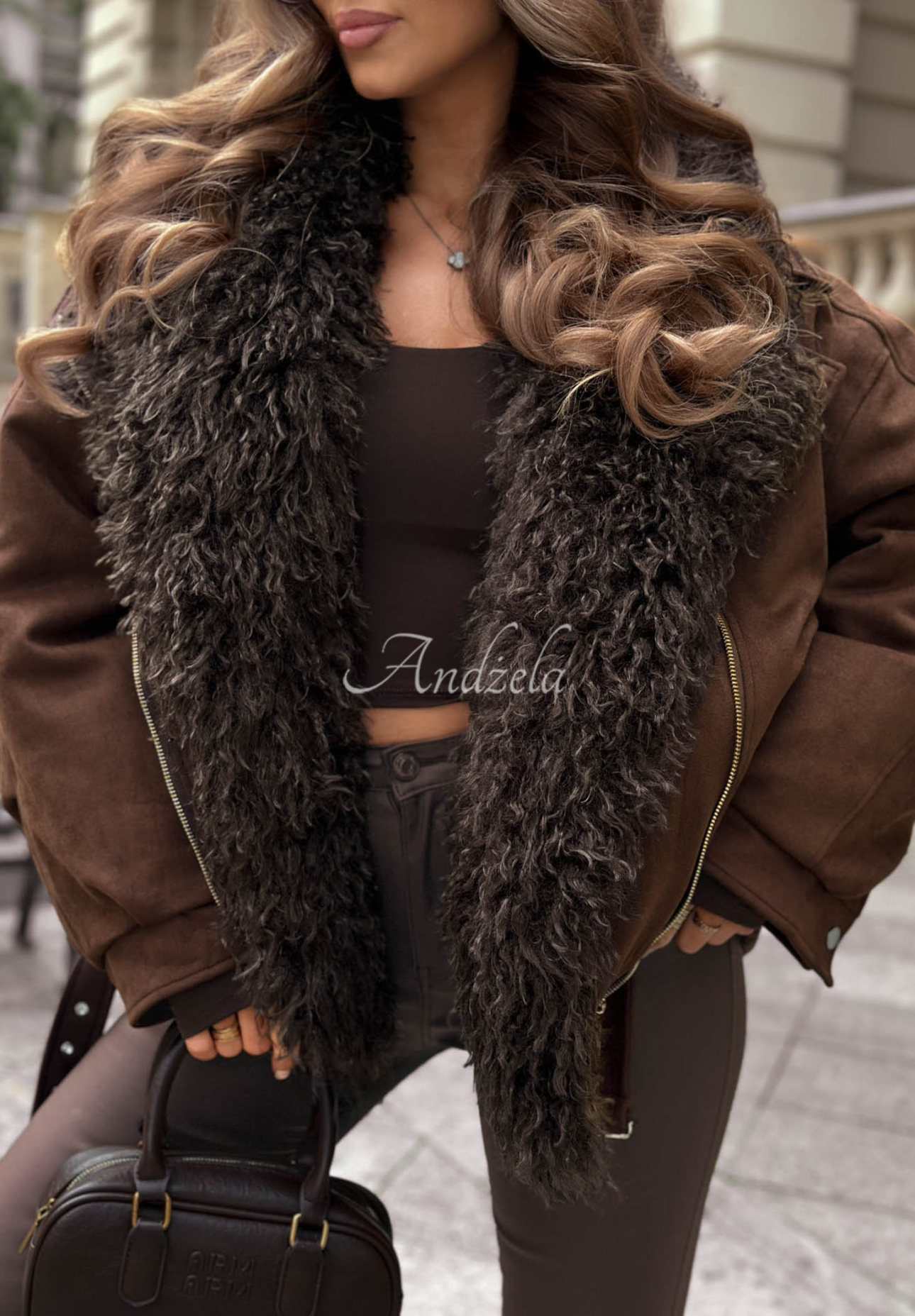 Bomberjacke aus Wildlederimitat mit Kunstfell Chestnut Cloud Schokoladenbraun