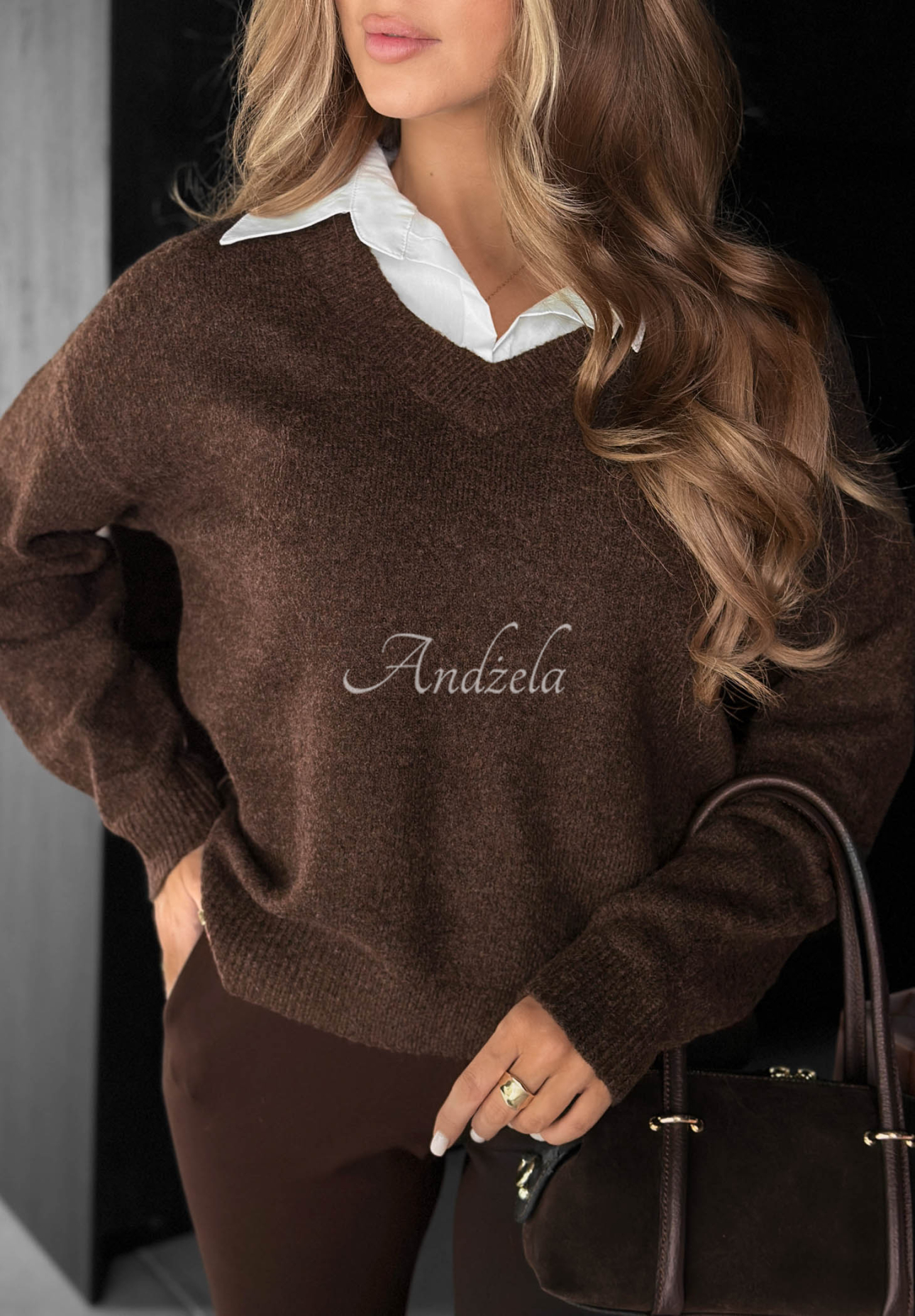 Pullover mit Hemdkragen, Viskose und Wolle Golden Aura Schokoladenbraun