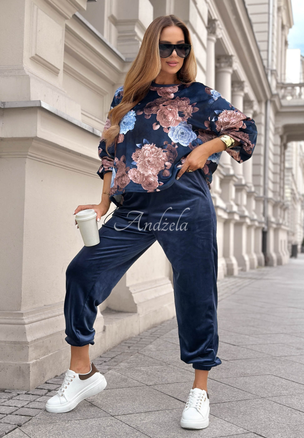 Velours-Trainingsanzug aus Baumwolle mit Blumenmuster Floral Kiss Dunkelblau