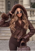 Krótka skórzana Jacke Bikerjacke z futerkiem Moon Shadow Schokoladenbraun