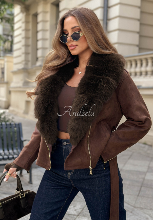 Kurze Jacke aus Wildlederimitat mit Kunstfell Cinnamon Mood Schokoladenbraun