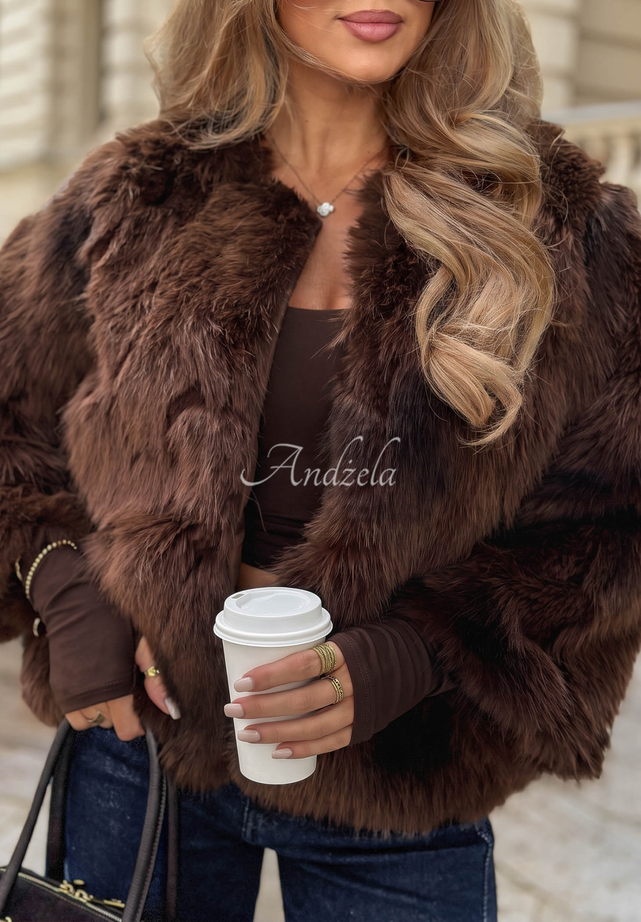 Kurze Jacke aus Lammfellimitat Autumn Ritual Schokoladenbraun