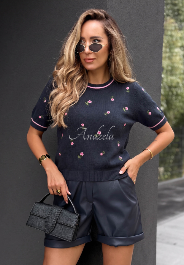 Weicher Viskosepullover mit gestickten Blumen Late Reply Dunkelblau