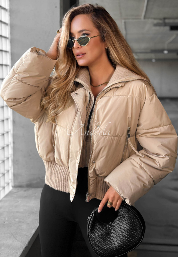 Kurze Steppjacke mit Stoffkragen Simple Layer Beige
