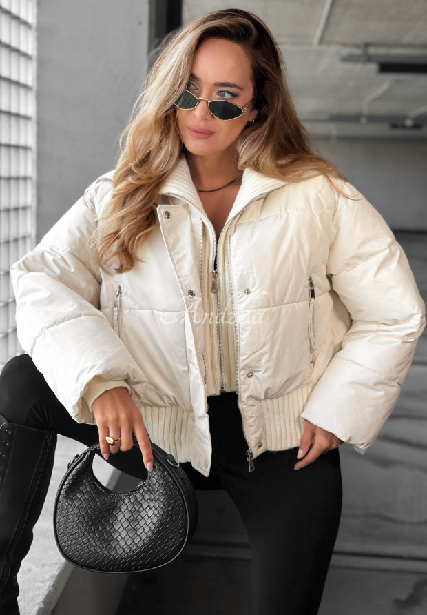 Kurze Steppjacke mit Stoffkragen Simple Layer Ecru
