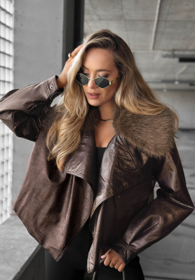 Kurze Jacke aus Lederimitat mit Kunstfell Fancy Cold Schokoladenbraun
