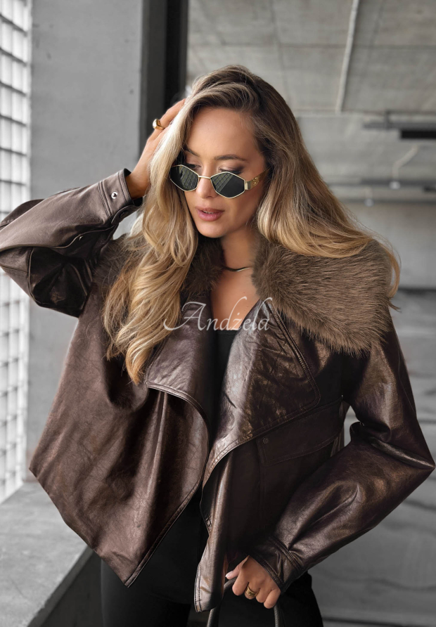 Kurze Jacke aus Lederimitat mit Kunstfell Fancy Cold Schokoladenbraun