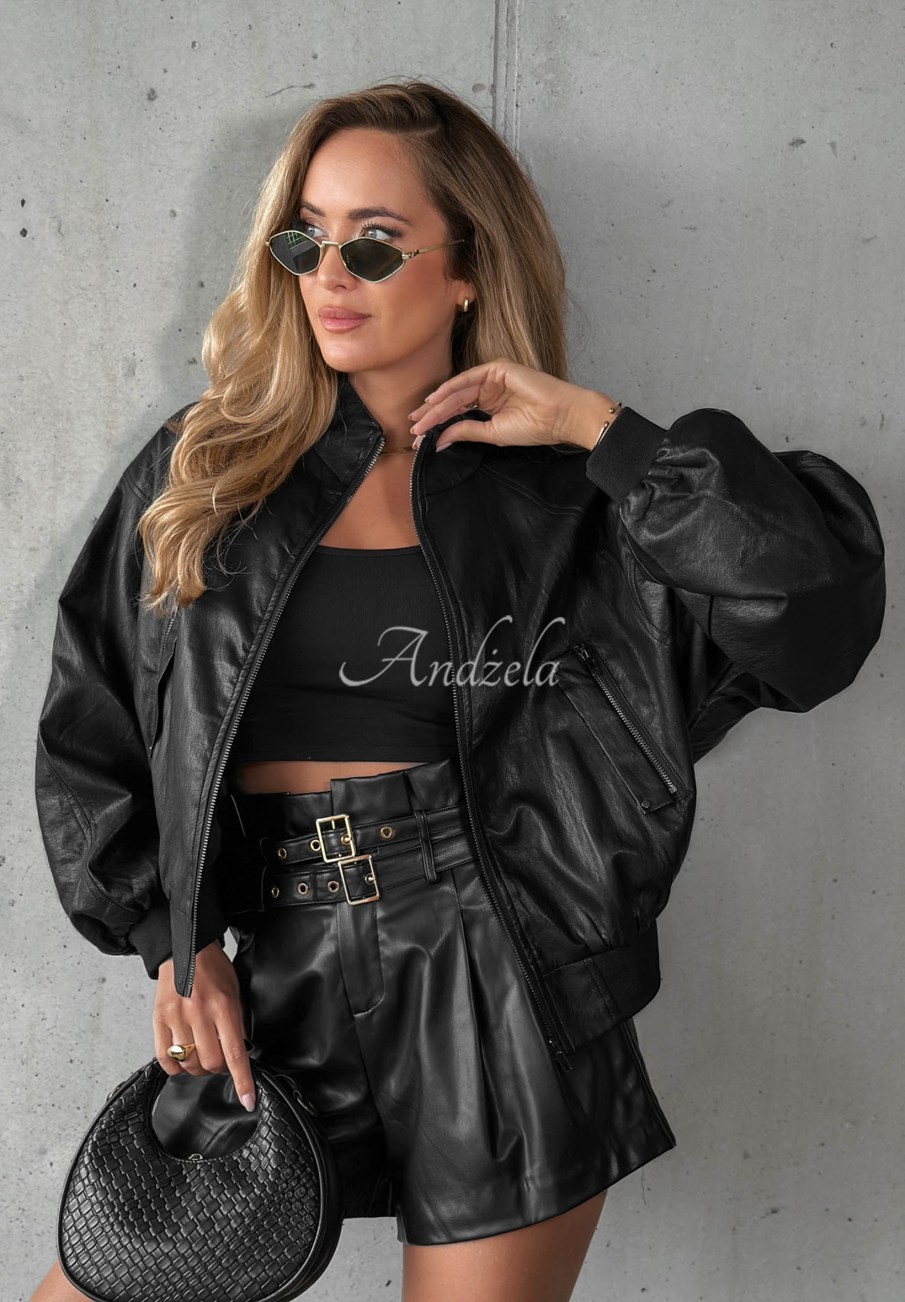 Kurze Bomberjacke aus Lederimitat Leaf Dance Schwarz