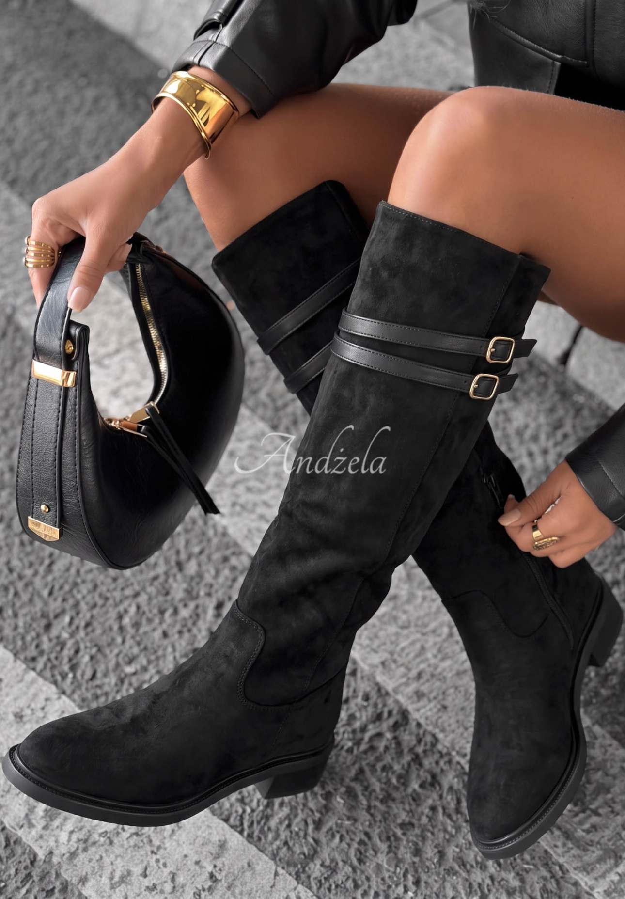 Kniehohe Stiefel aus Wildlederimitat Autumn Grace Schwarz