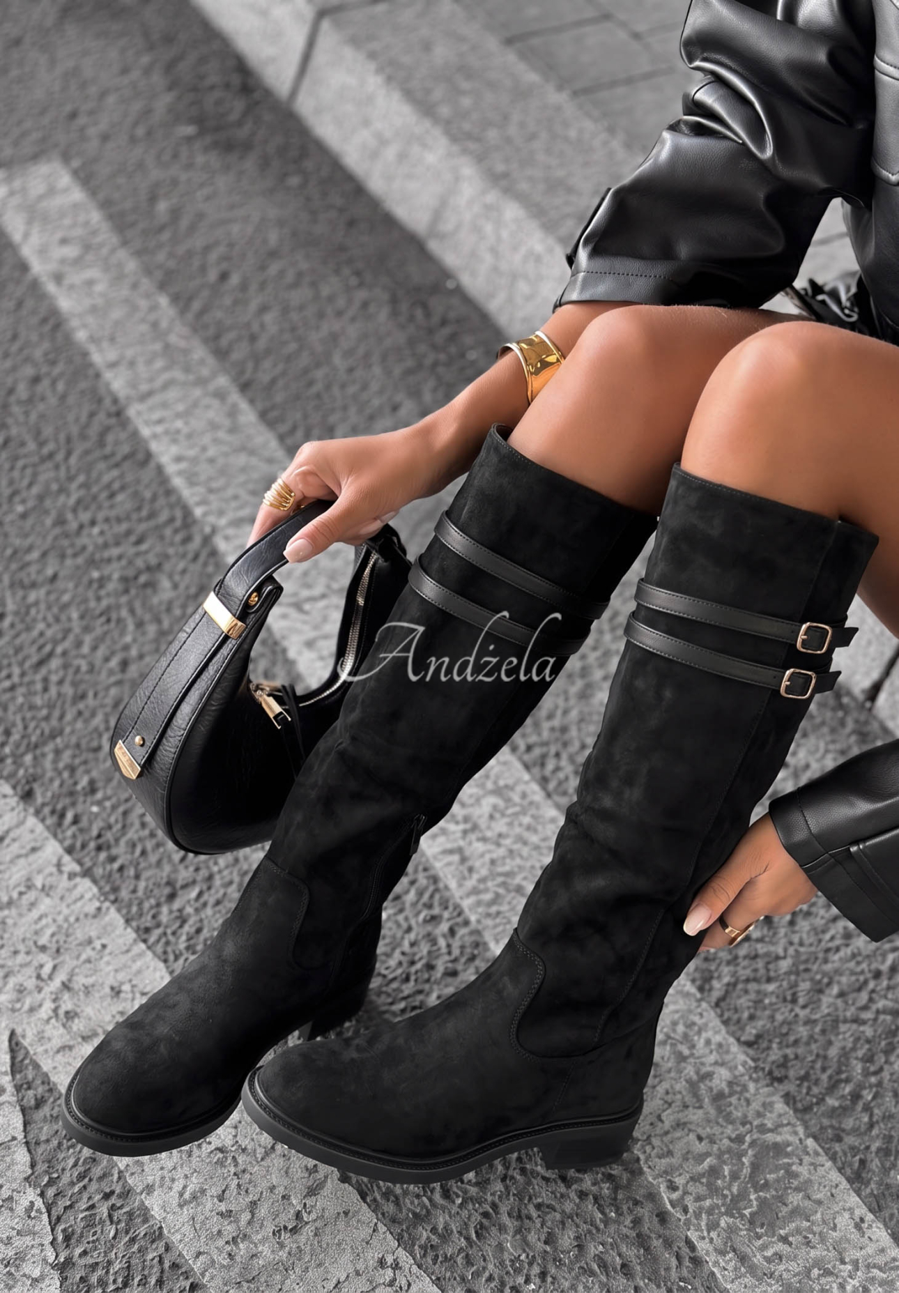 Kniehohe Stiefel aus Wildlederimitat Autumn Grace Schwarz