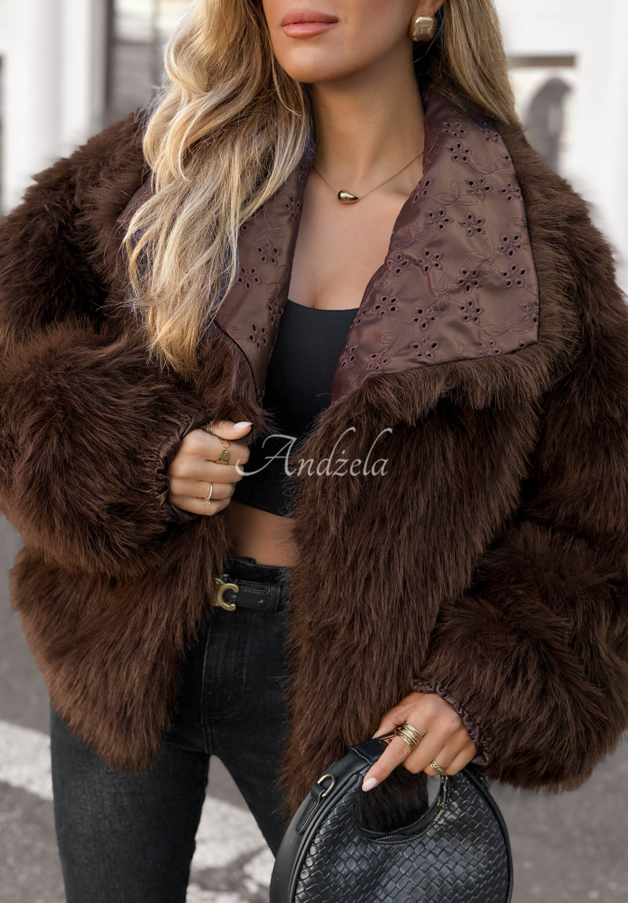 Wendbare gemusterte Jacke mit Pelz True Balance Schokoladenbraun