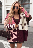 Wzorzysty Cardigan z łączonych tkanin z wiskozą Slow Down burgundowo-Rosa