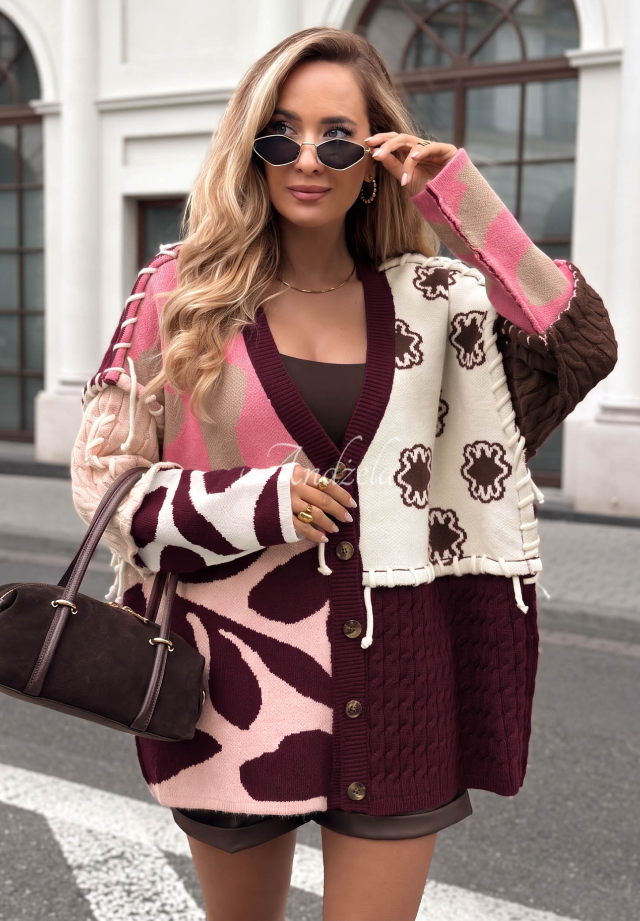 Gemusterte Strickjacke aus kombinierten Stoffen mit Viskoseanteil Slow Down burgunderrot-Rosa