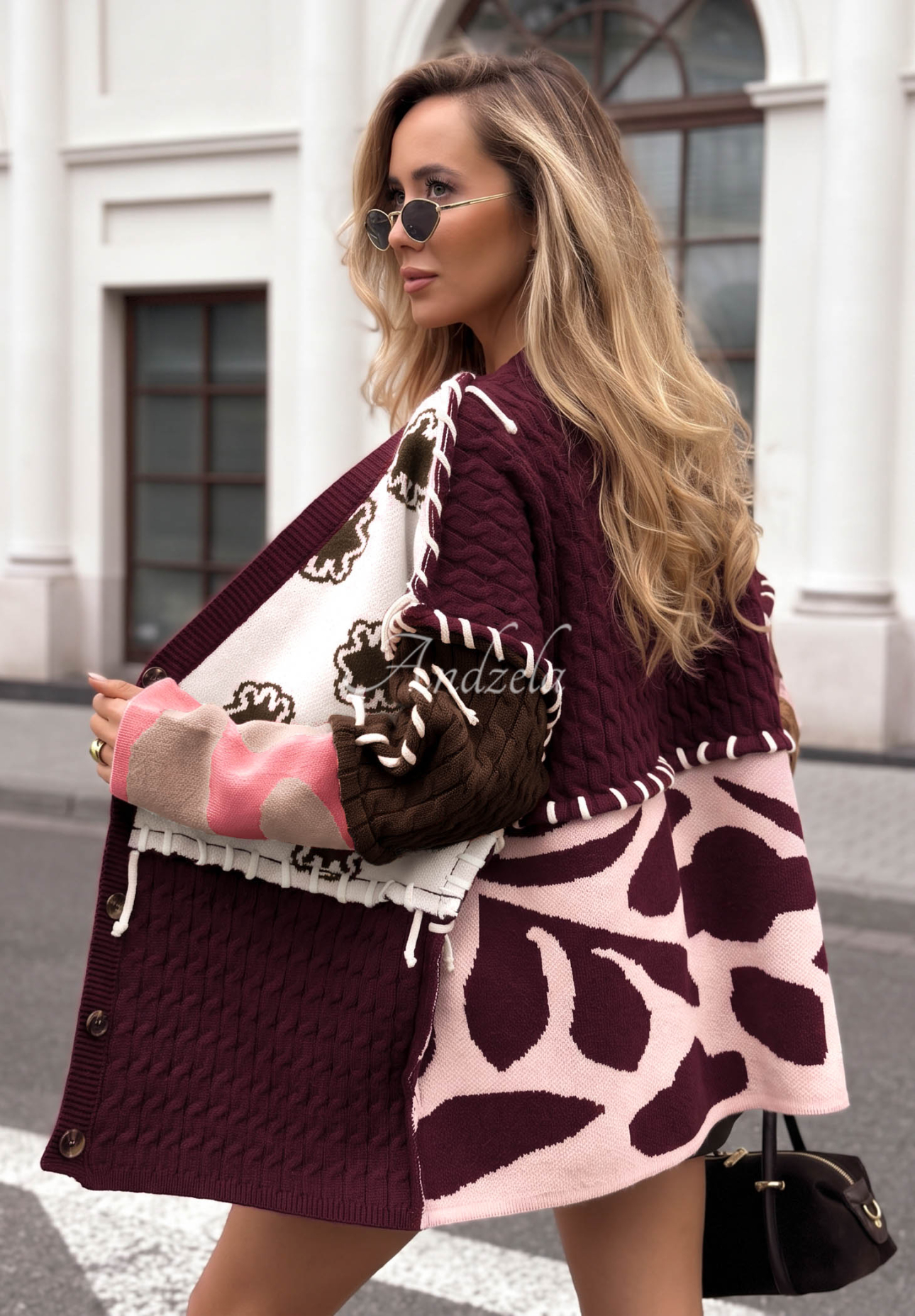 Gemusterte Strickjacke aus kombinierten Stoffen mit Viskoseanteil Slow Down burgunderrot-Rosa