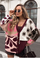 Wzorzysty Cardigan z łączonych tkanin z wiskozą Slow Down burgundowo-Rosa