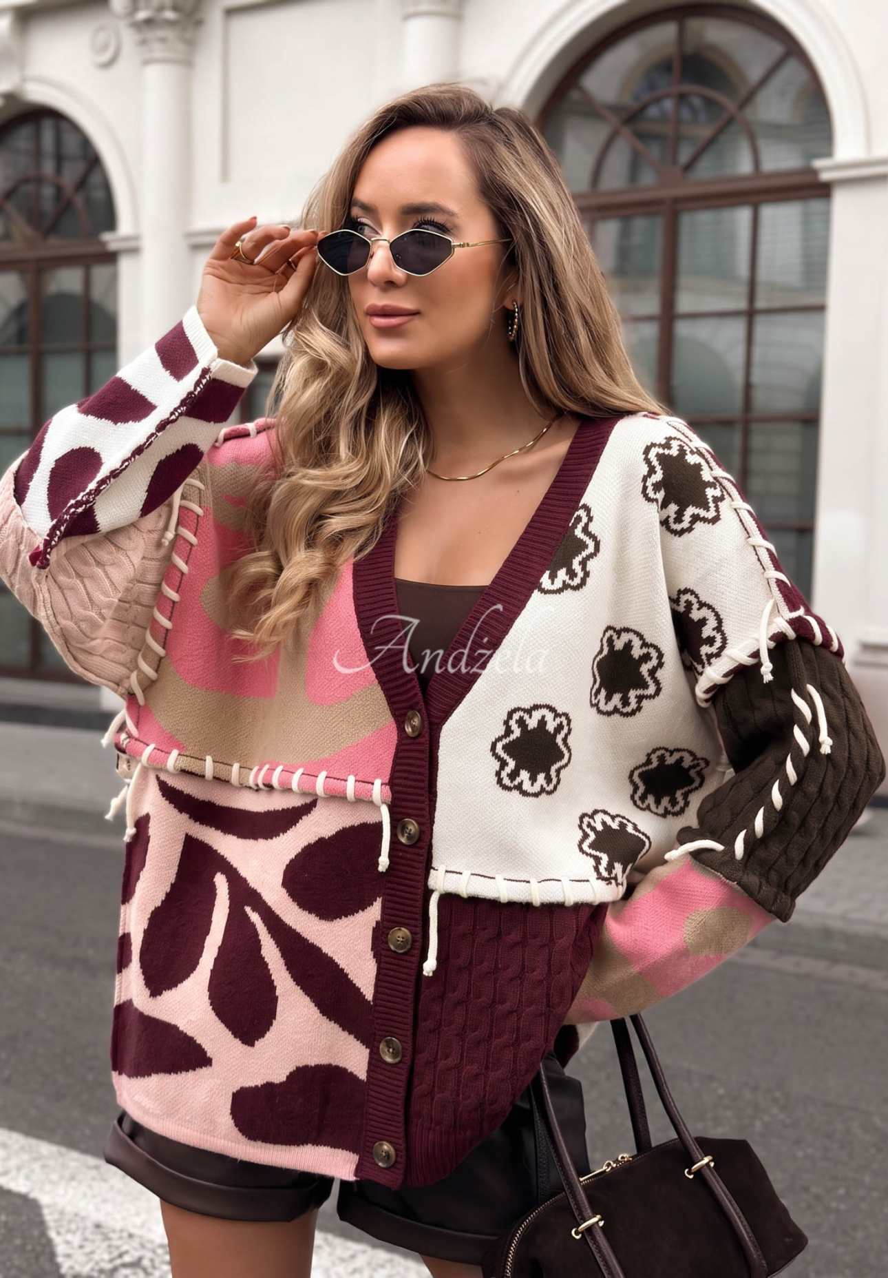 Gemusterte Strickjacke aus kombinierten Stoffen mit Viskoseanteil Slow Down burgunderrot-Rosa