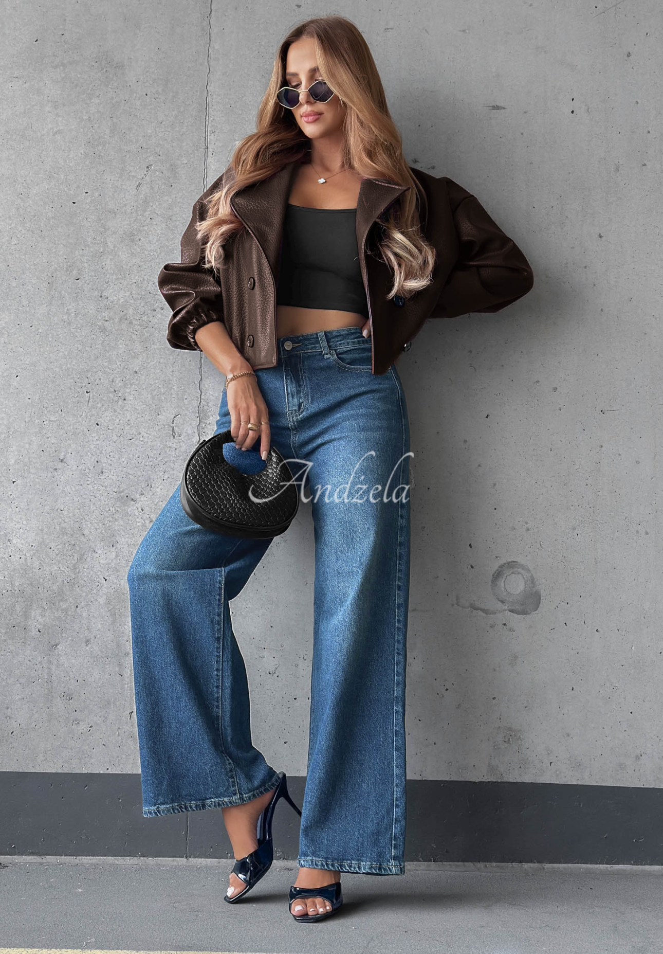 Jeanshose straight mit Strasssteinen im Used-Look Lunar Shine dunkelblau-Camel