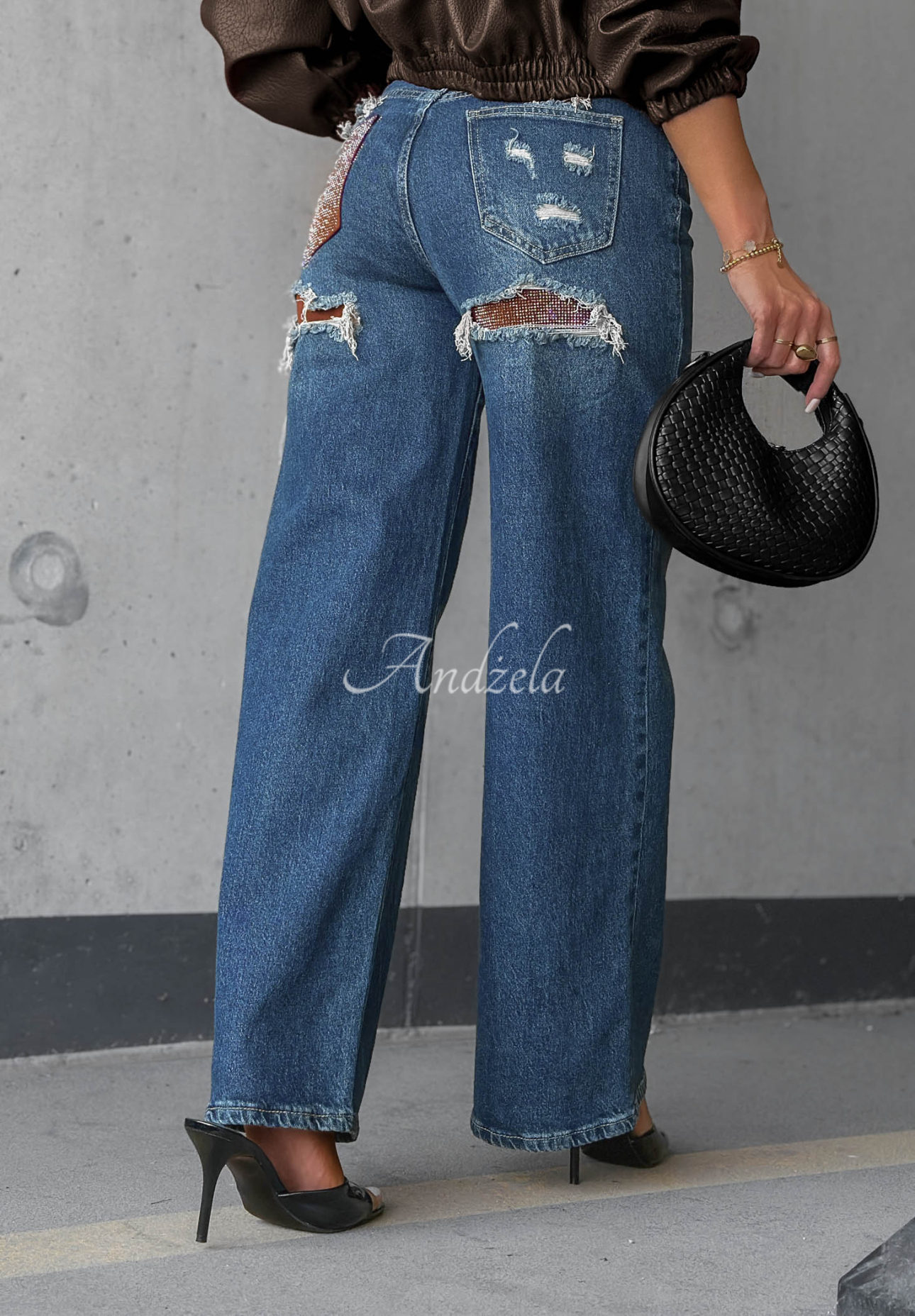 Jeanshose straight mit Strasssteinen im Used-Look Lunar Shine dunkelblau-Camel