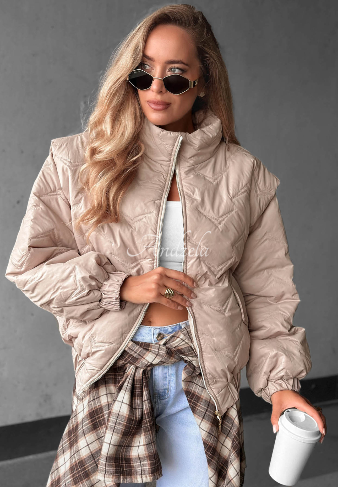 Kurze, gesteppte Bomberjacke Drizzle Days Beige