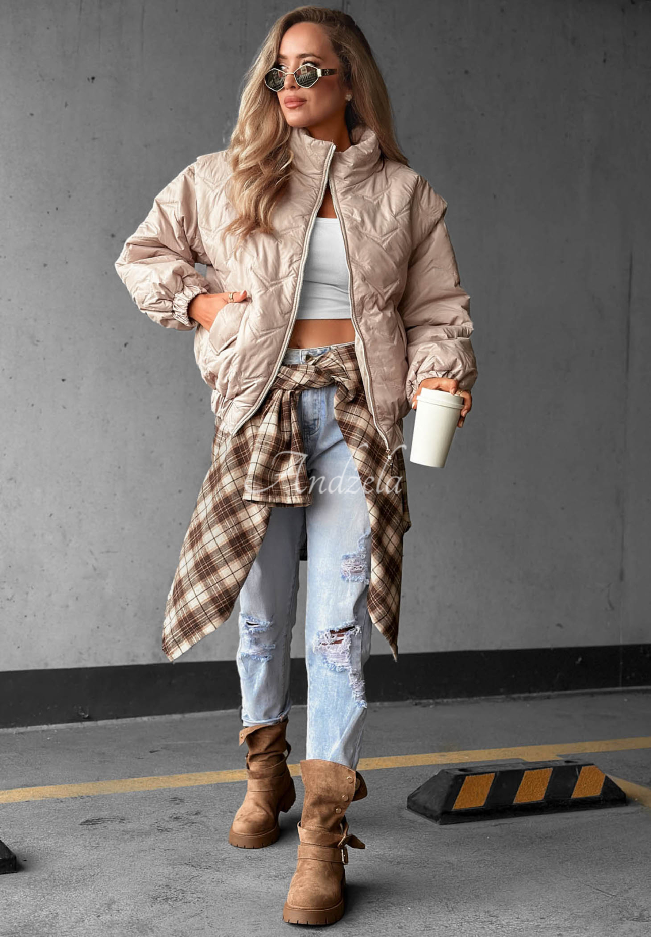 Kurze, gesteppte Bomberjacke Drizzle Days Beige