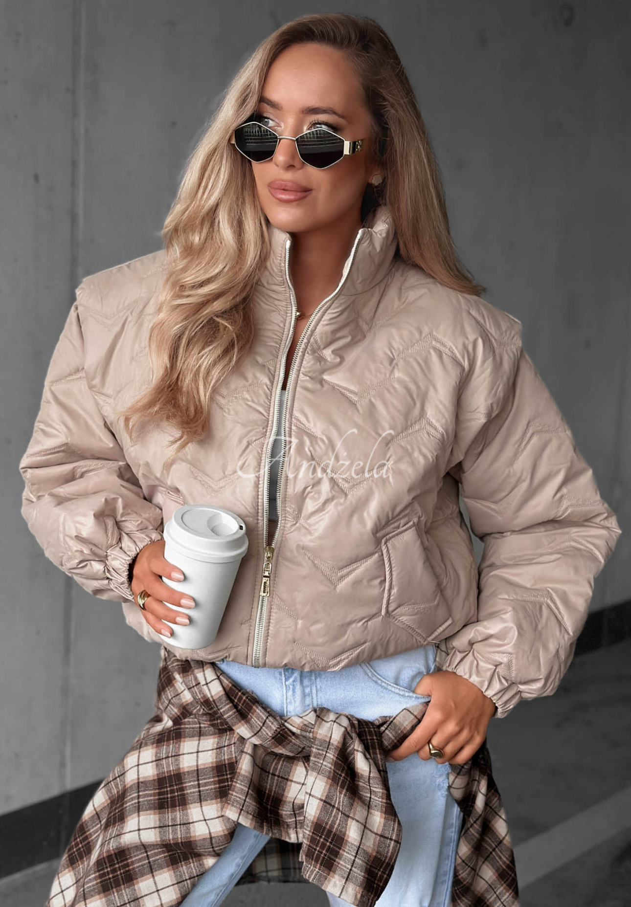 Kurze, gesteppte Bomberjacke Drizzle Days Beige