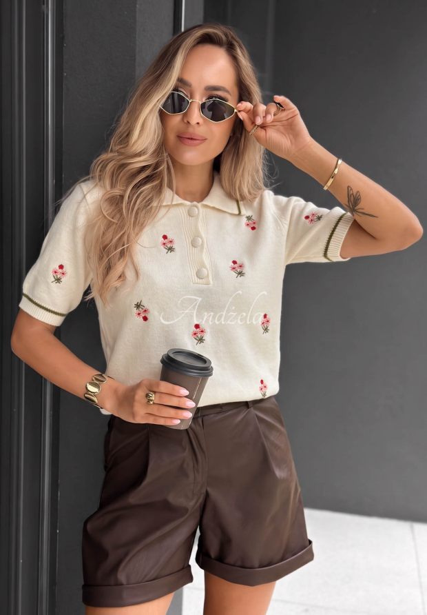 Weicher Viskosepullover mit gestickten Blumen und Kragen Flora In Fall Ecru