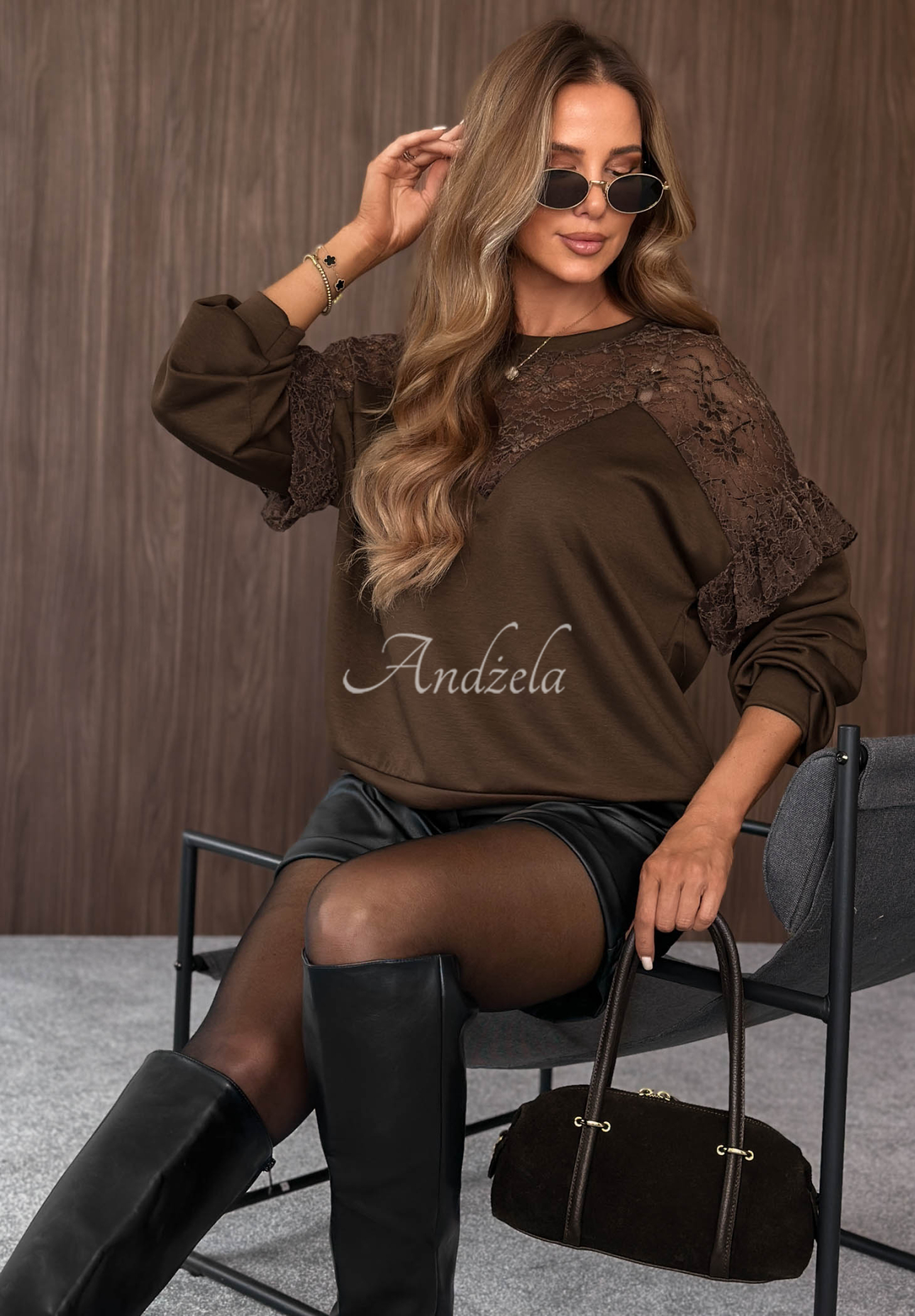Sweatshirt mit Spitzeneinsätzen Soft Vibes Schokoladenbraun