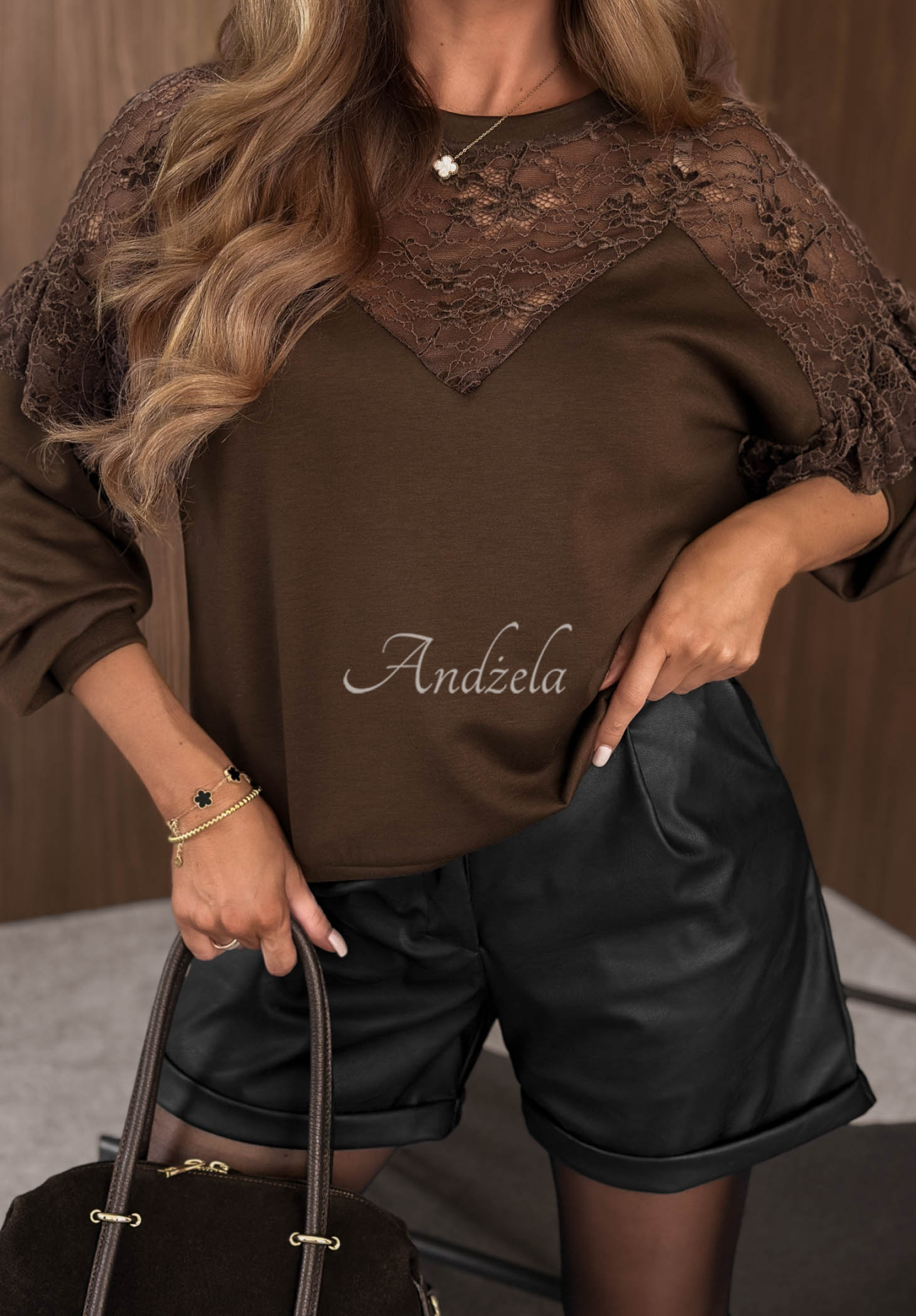 Sweatshirt mit Spitzeneinsätzen Soft Vibes Schokoladenbraun