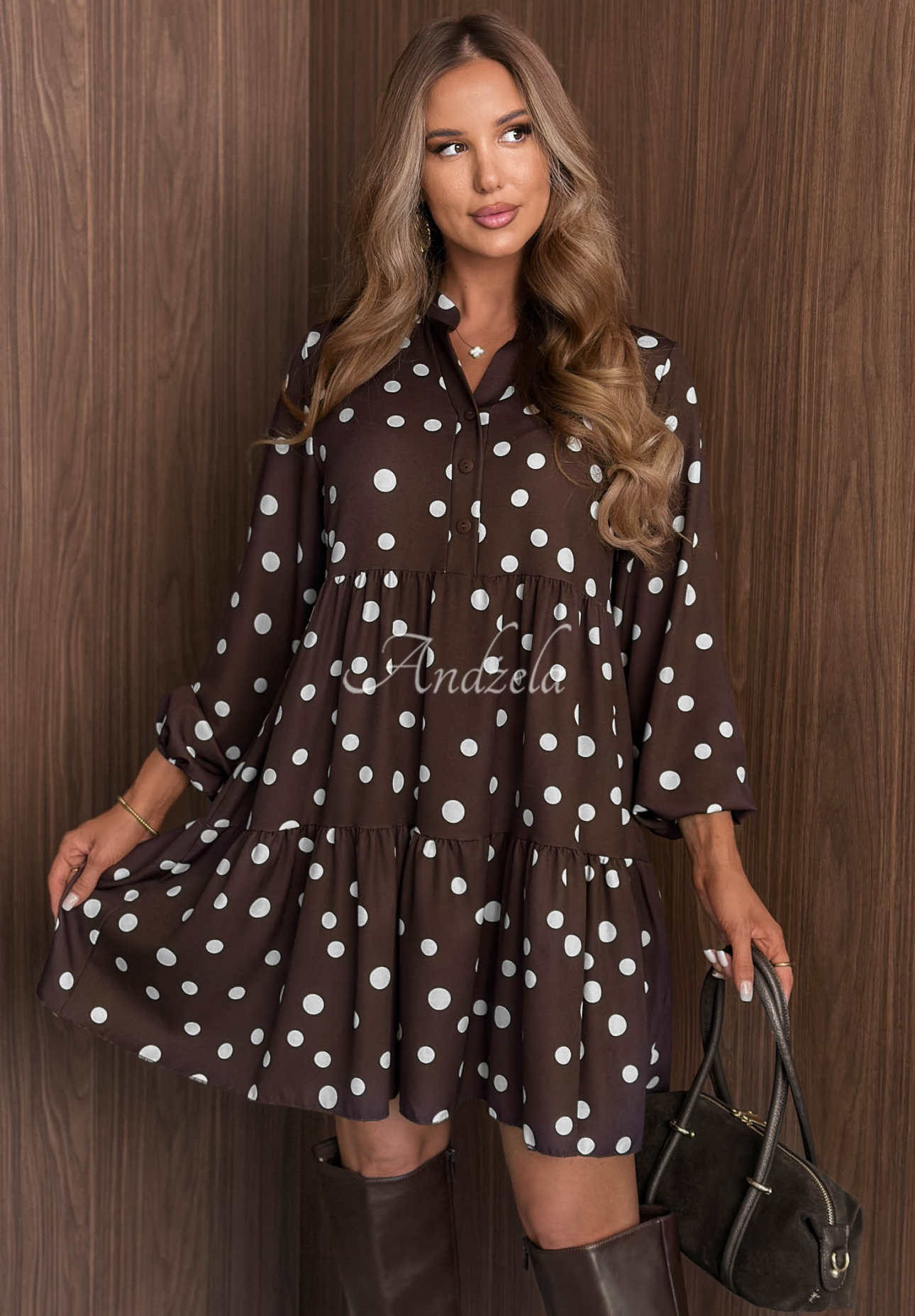 Oversize-Kleid mit Rüschen und Punktmuster Modern Charm Schokoladenbraun