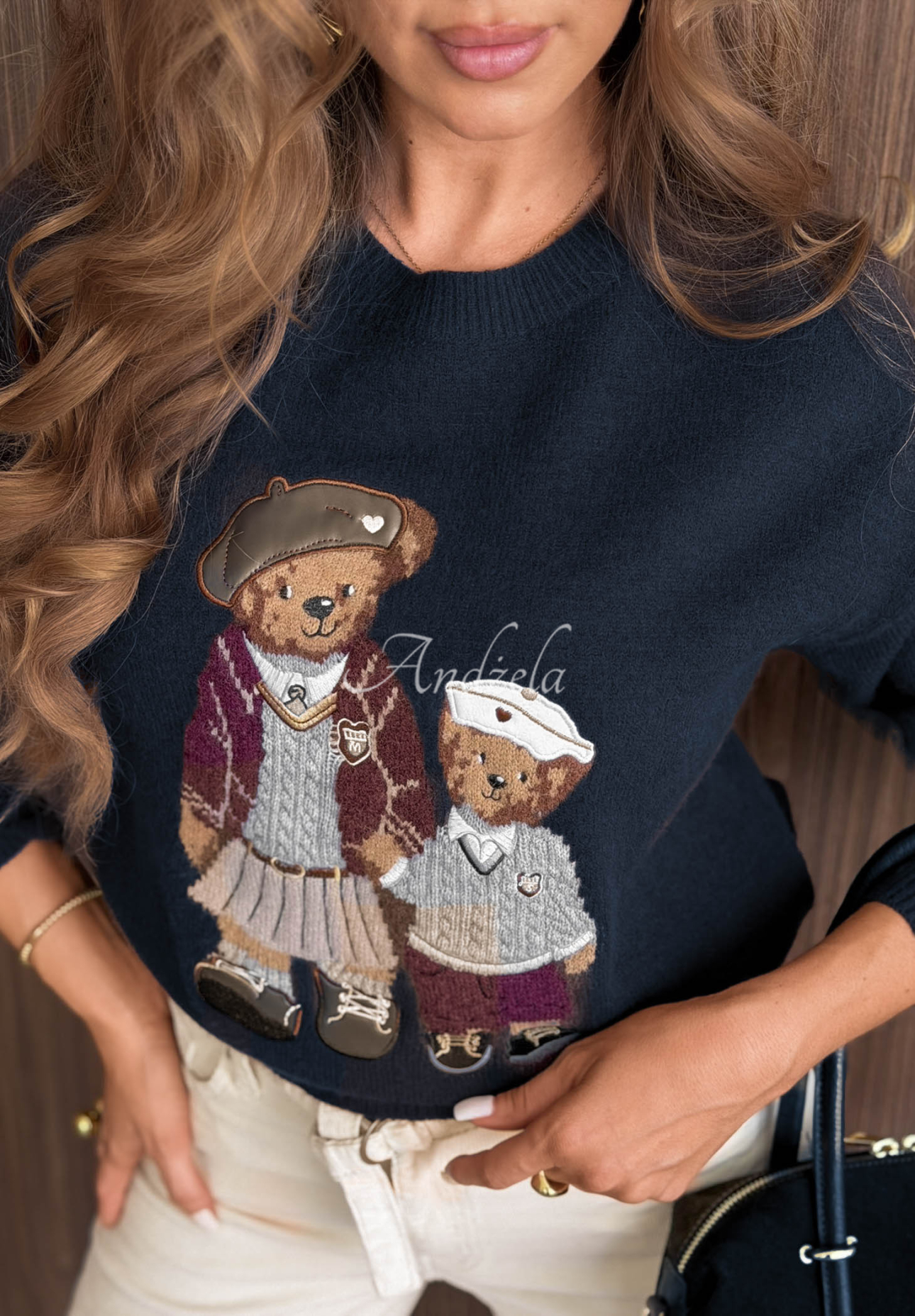 Viskosepullover mit Teddybären Cuddle Club Dunkelblau