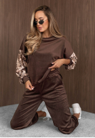 Welurowy Sweat Set z rękawami w kwiaty Flora Cold Mokkafarben