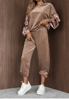 Welurowy Sweat Set z rękawami w kwiaty Flora Cold Mokkafarben
