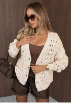Krótki ażurowy Cardigan z zapięciem Knit Haven Beige
