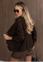 Krótki ażurowy Cardigan z zapięciem Knit Haven Beige
