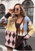 kolorowy Pullover Cardigan w romby z zapięciem Misty Amour Schokoladenbraun