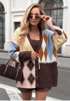 kolorowy Pullover Cardigan w romby z zapięciem Misty Amour Schokoladenbraun