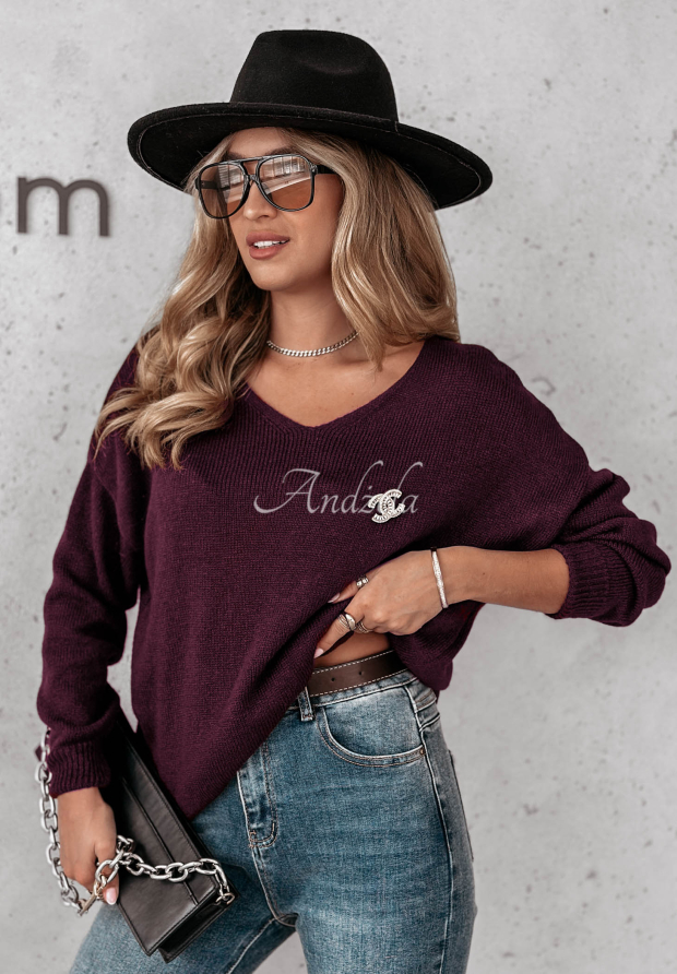 Pullover mit Ausschnitt Caffe Latte Pflaumenfarbe