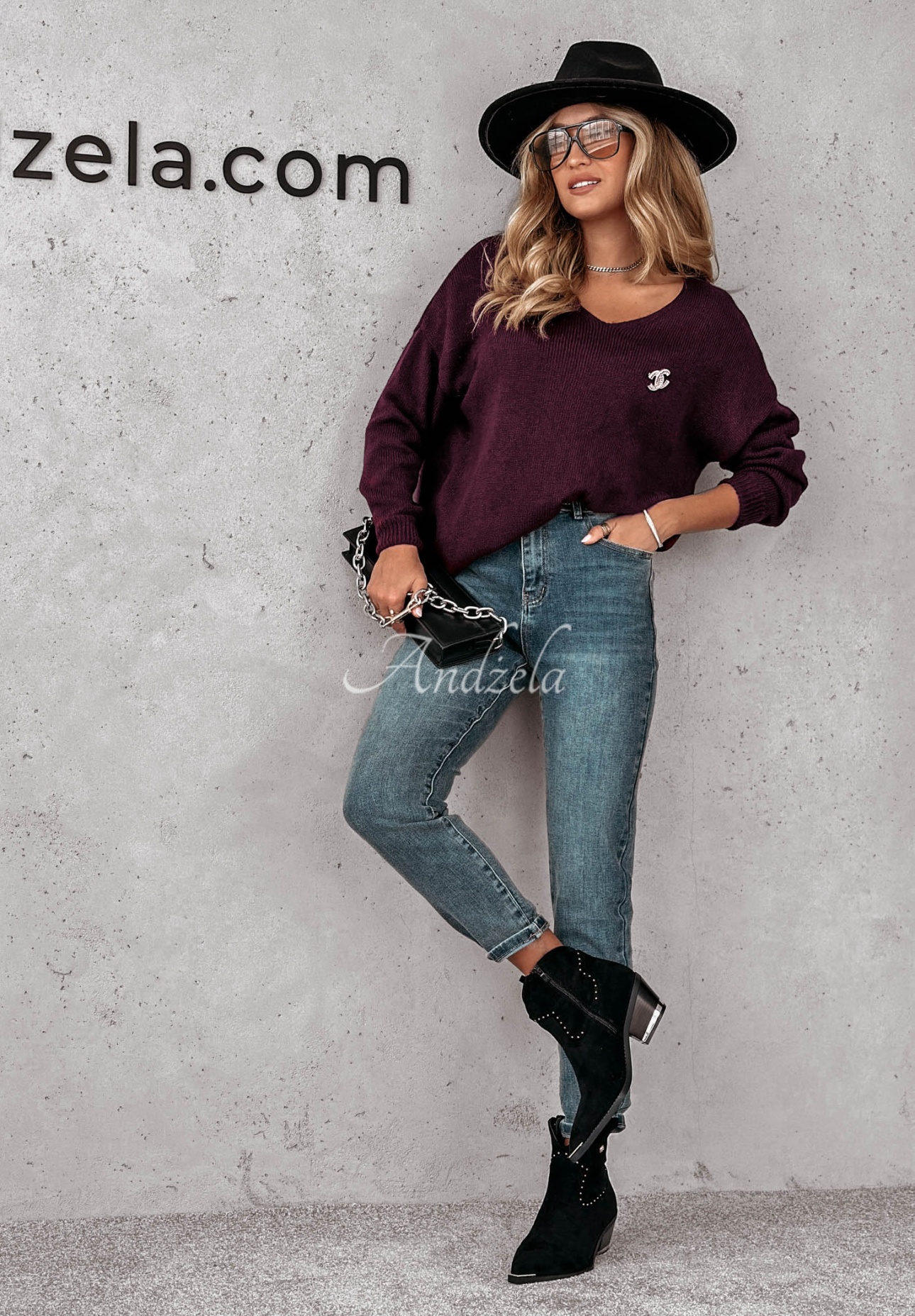 Pullover mit Ausschnitt Caffe Latte Pflaumenfarbe
