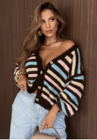 Pullover Cardigan w paski z zapięciem Warm Romance niebiesko-Schokoladenbraun
