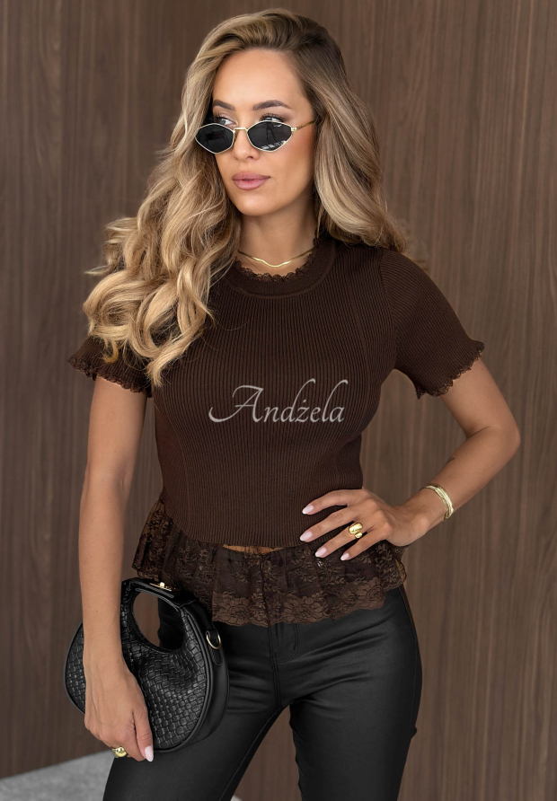 Gerippte Bluse mit Viskosespitze Misty Rose Schokoladenbraun