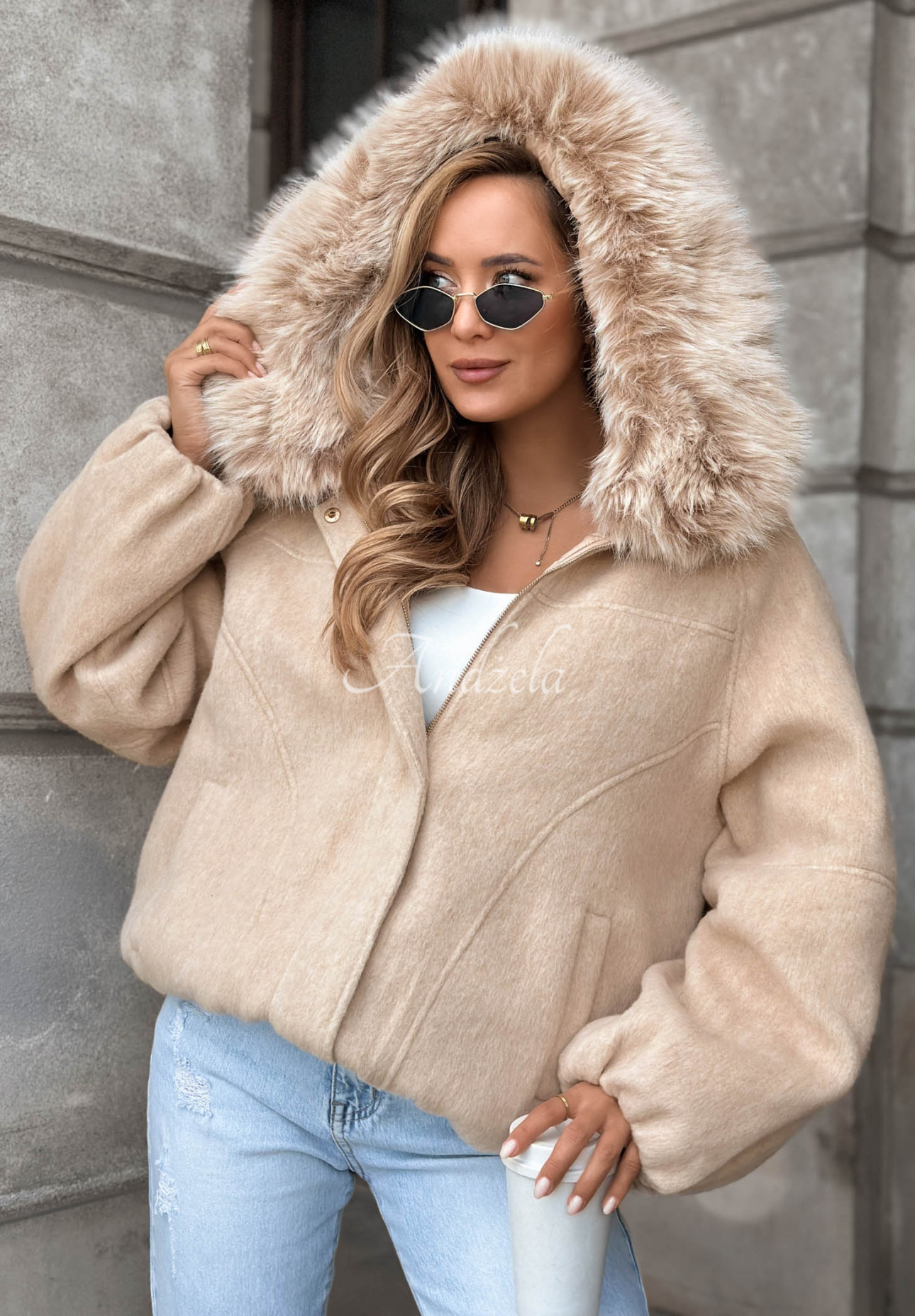 Kurze Bomberjacke aus Wolle und Pelz Cozy Story Beige