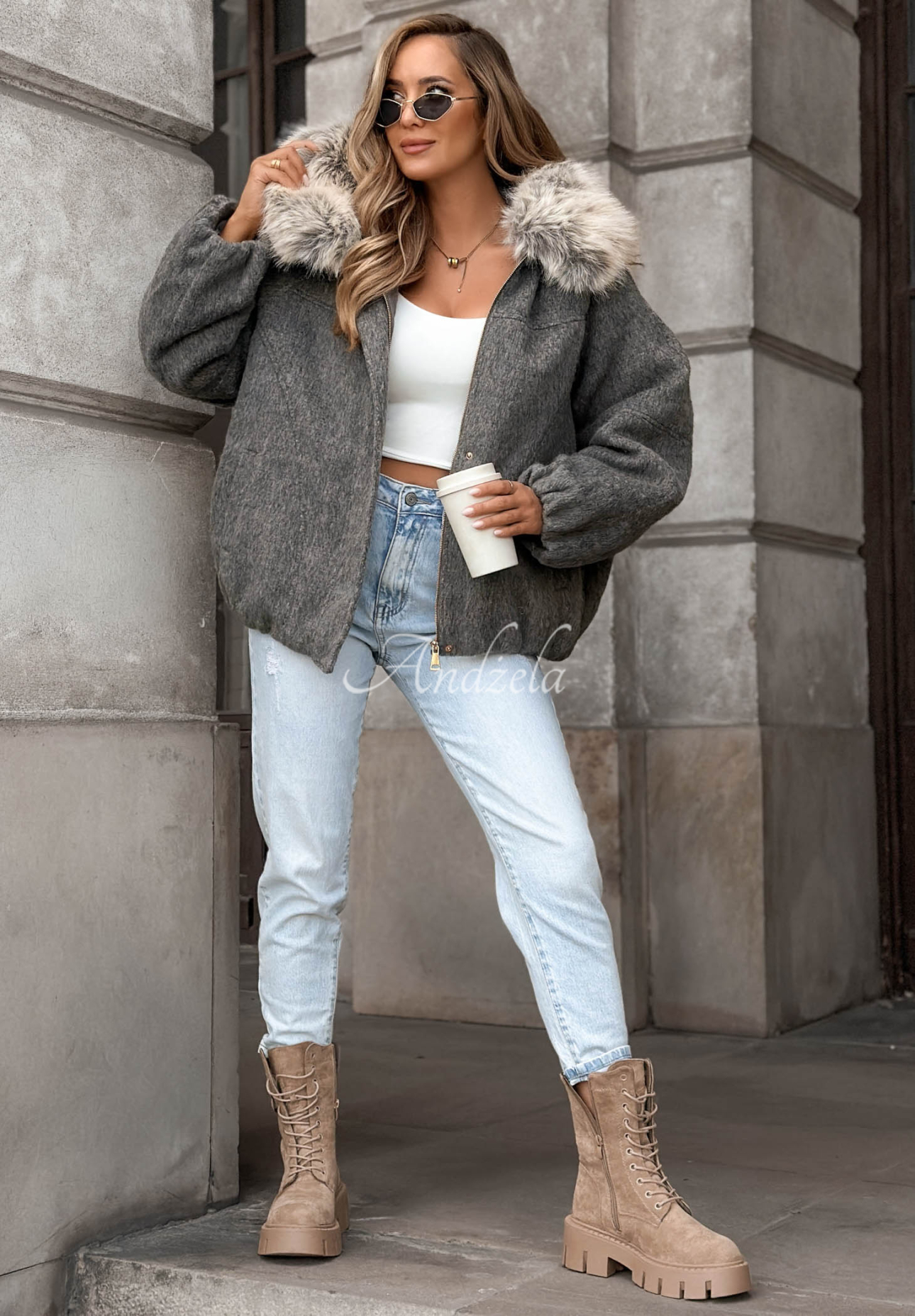 Kurze Bomberjacke aus Wolle und Pelz Cozy Story Grau