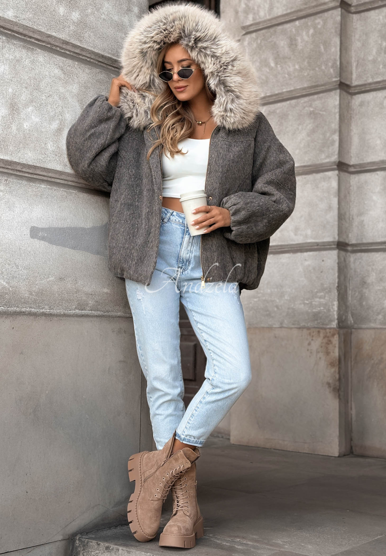 Kurze Bomberjacke aus Wolle und Pelz Cozy Story Grau
