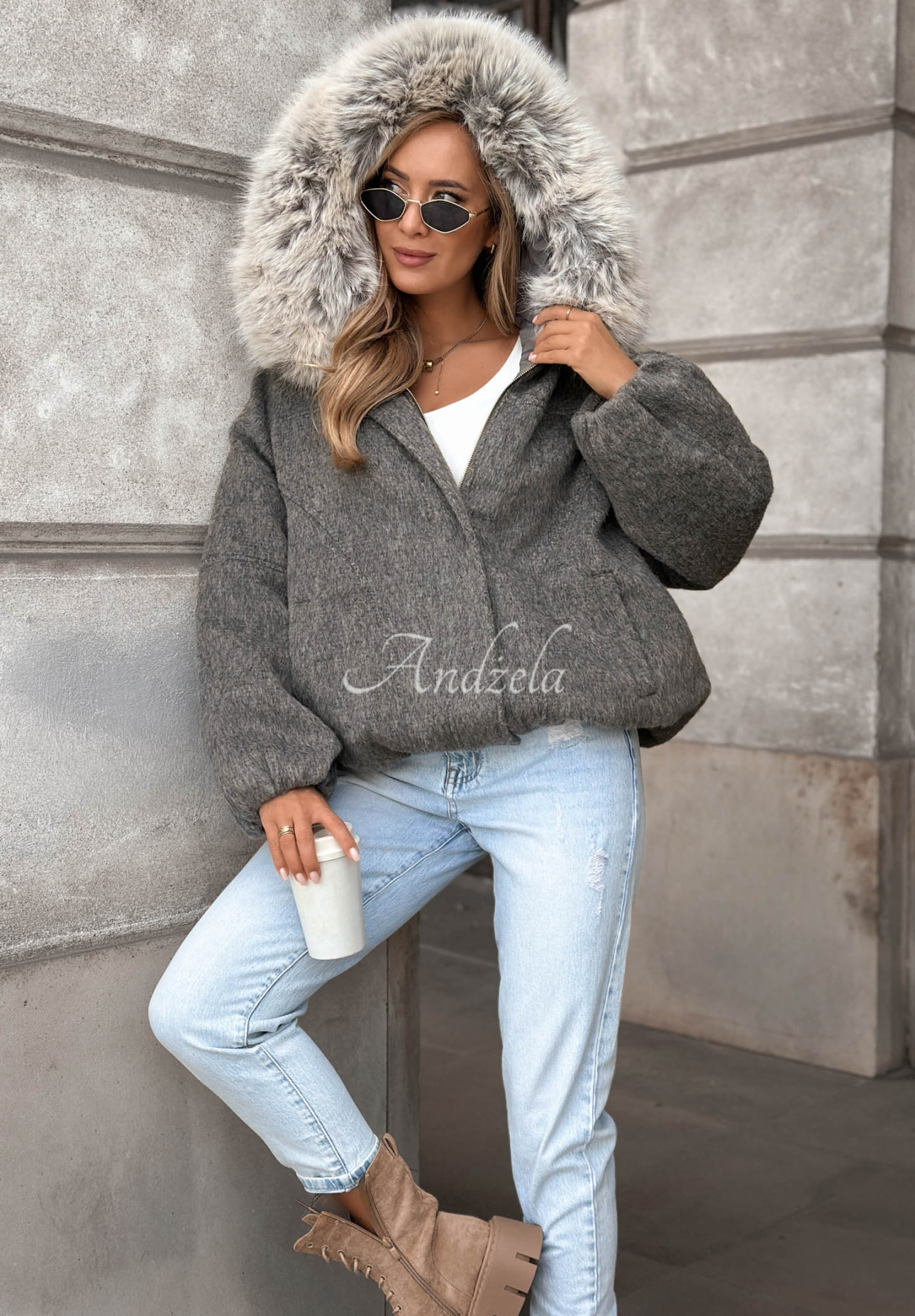 Kurze Bomberjacke aus Wolle und Pelz Cozy Story Grau