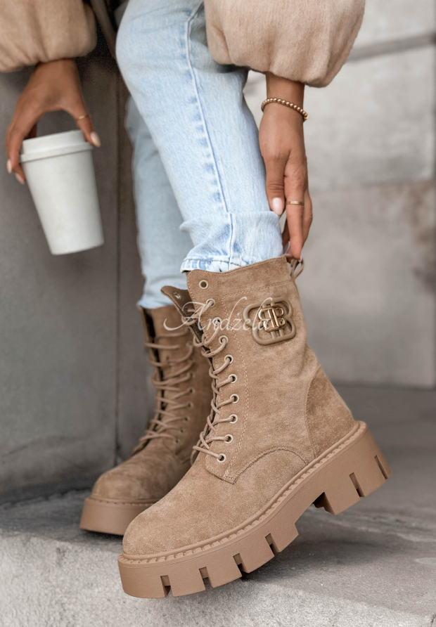Schn&uuml;rstiefeletten aus Wildlederimitat Misty Morning Beige