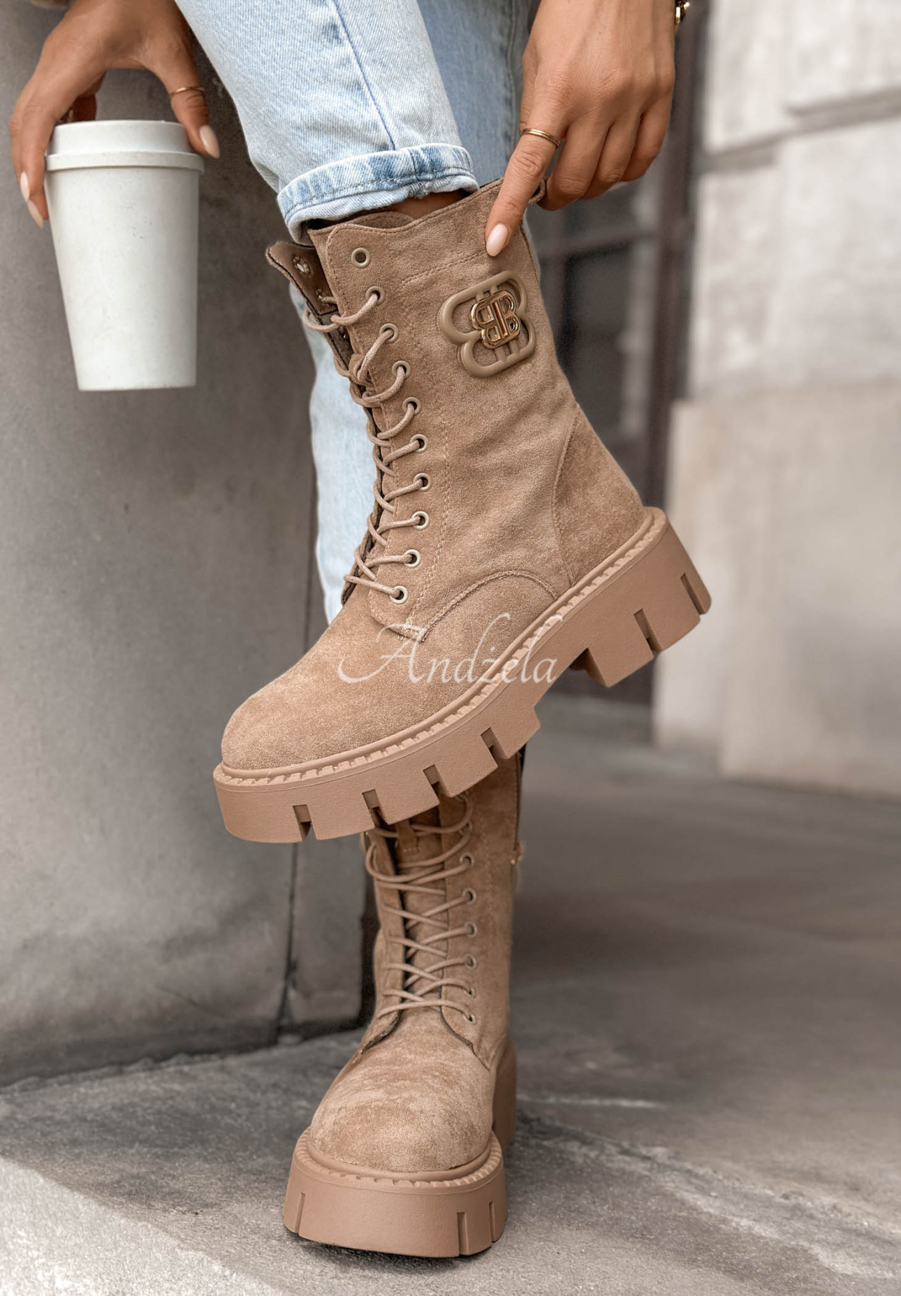 Schnürstiefeletten aus Wildlederimitat Misty Morning Beige
