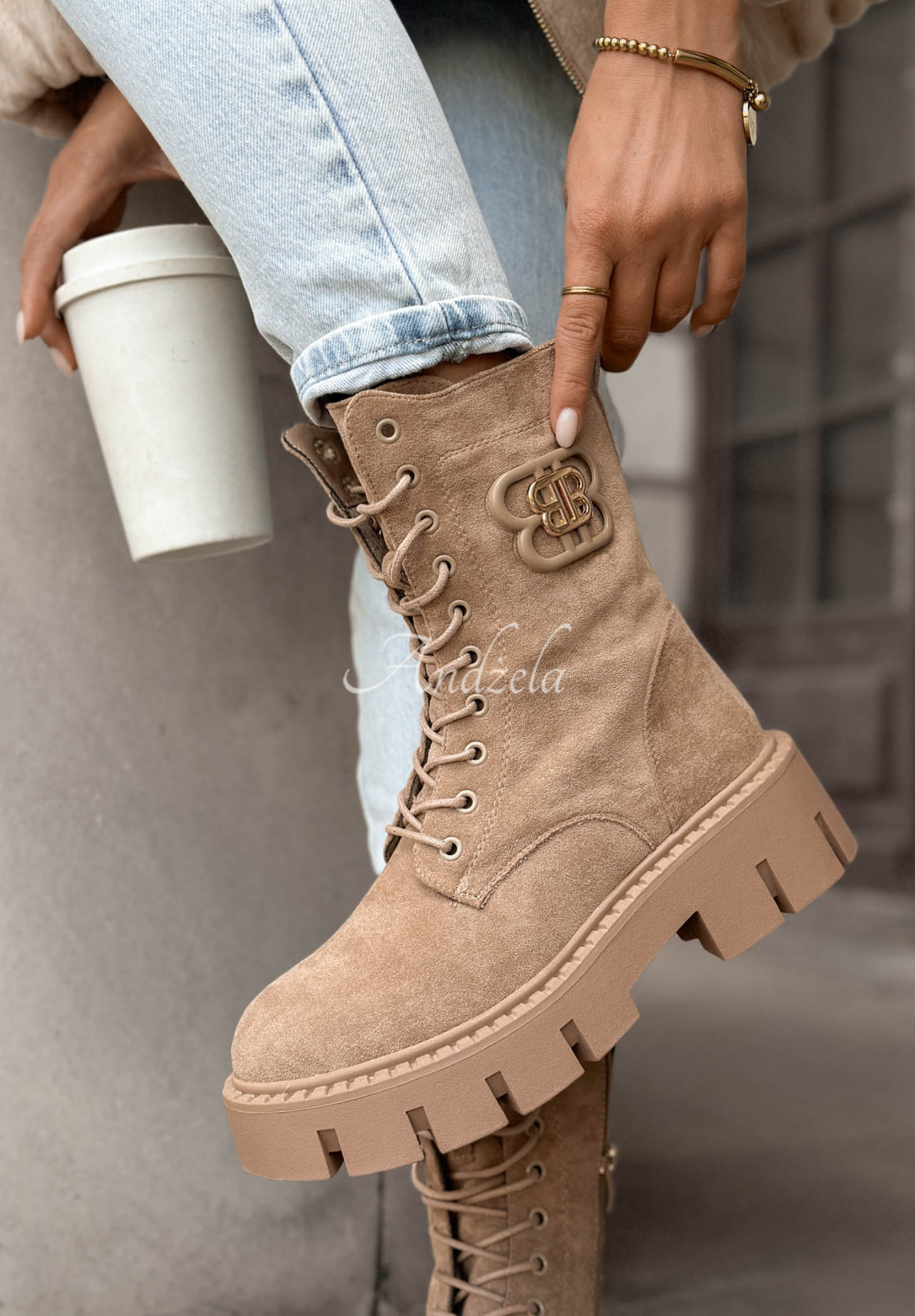 Schnürstiefeletten aus Wildlederimitat Misty Morning Beige